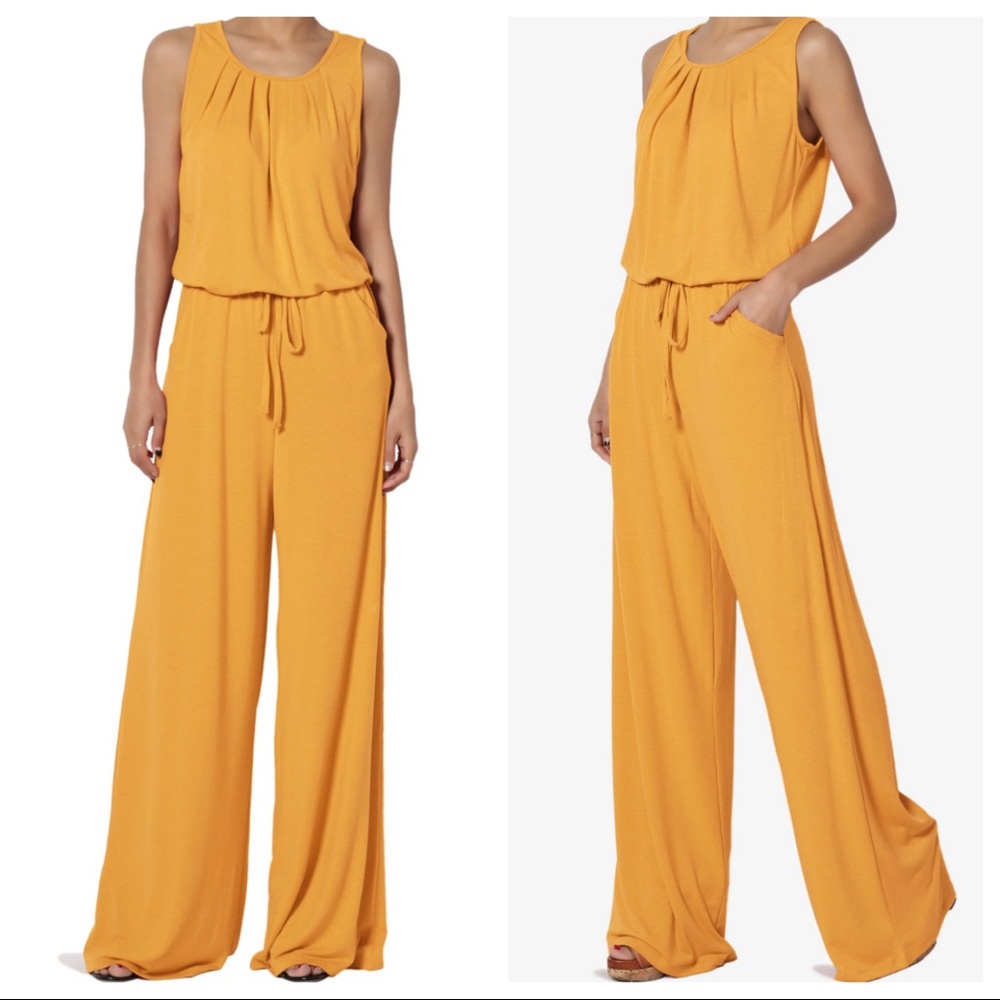 Fabulous yellow wide leg sleeveless jumpsuit with pockets